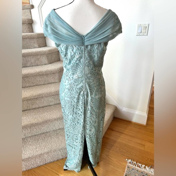 Tadashi Shoji Mint Green Sequin Embroidered Off the Shoulder Gown - Picture 5 of 10